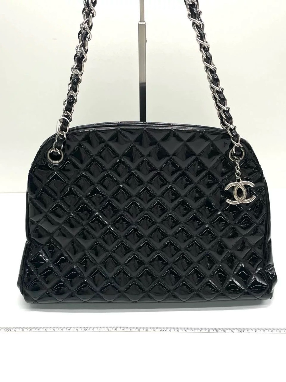CHANEL Black Patent Quilted Shoulder Bag with Chain and CC Charm